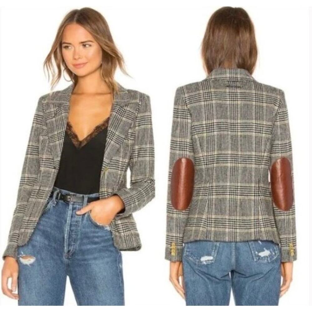 Smythe Patch Pocket Duchess Blazer Preppy Black Camel Plaid Wool Jacket Size 4